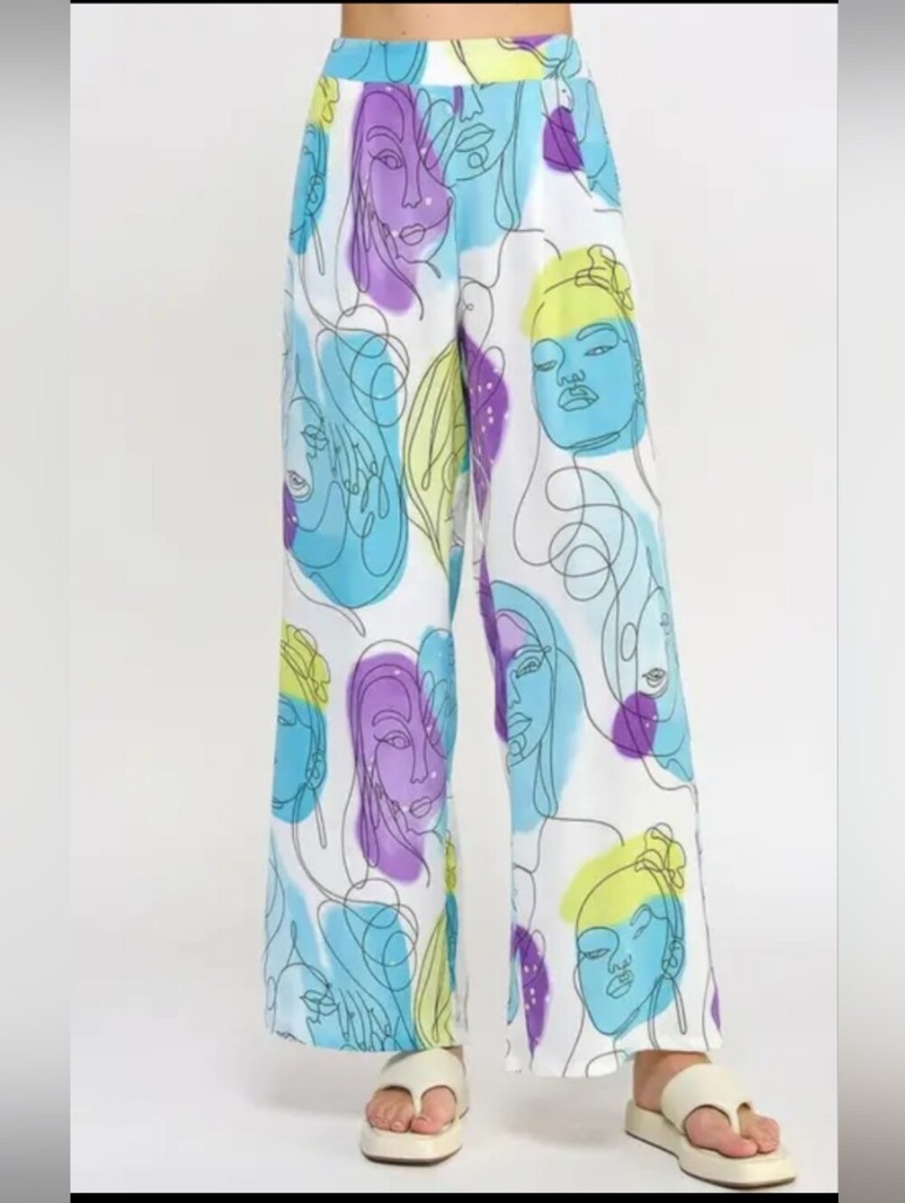 BLUE /WHITE ONLY Women’s Abstract Face Print Wide-Leg Pants - Picture 3 of 5